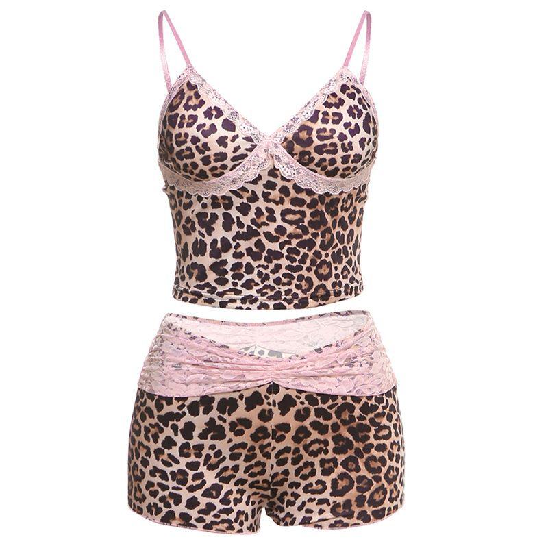 

Мода Лето 2025 Новинка Женская Одежда Леопардовый Принт Контрастный Цвет Сексуальный Топ на Бретелях Облегающие Шорты с Кружевной Отделкой Leopard print L