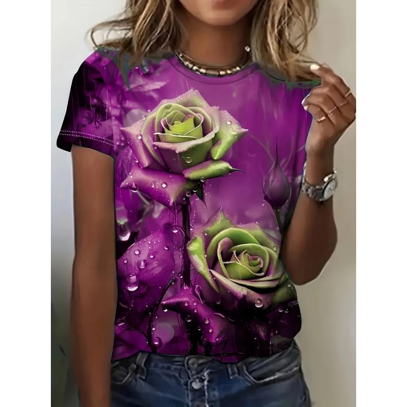 Türkis-Lila Damen-T-Shirt - Taufrische Rose Grafik, Lebendiges Florales Print-Design für Lässige Alltagsmode