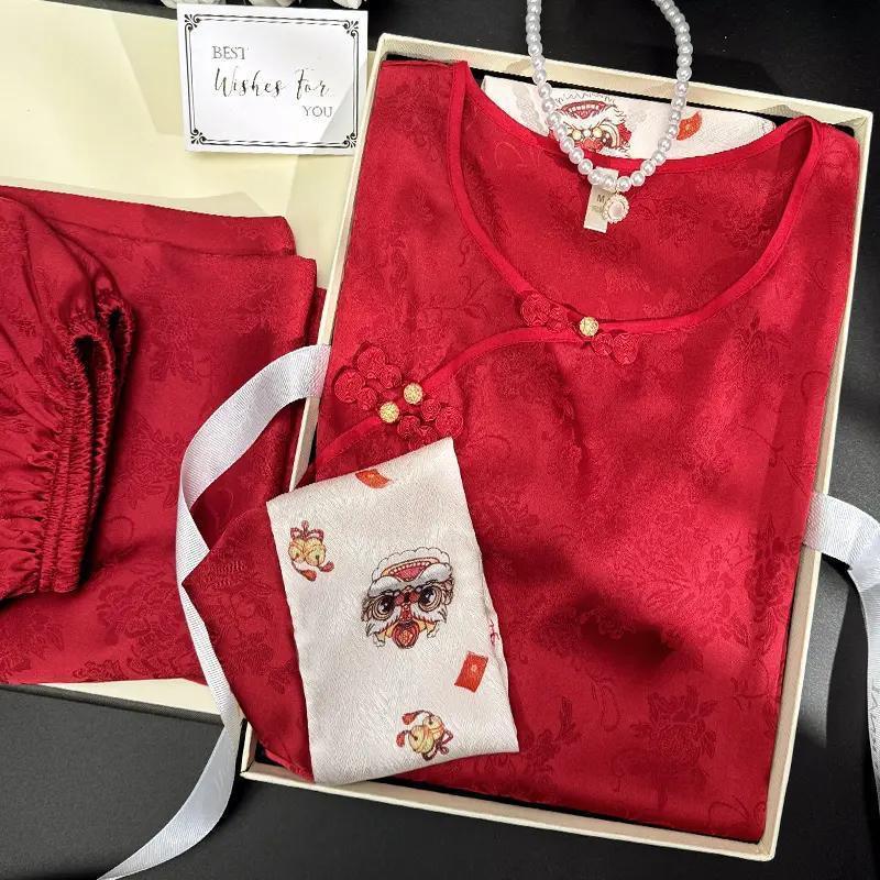 Women's Red Chinese Silk Pajamas Set - Year of the Rat Wedding Long Sleeve Homewear