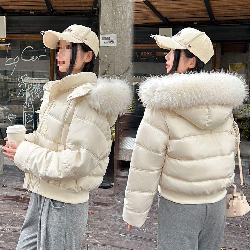Women's Dark Blue Retro Winter Fur Collar Hooded Short Cotton Coat