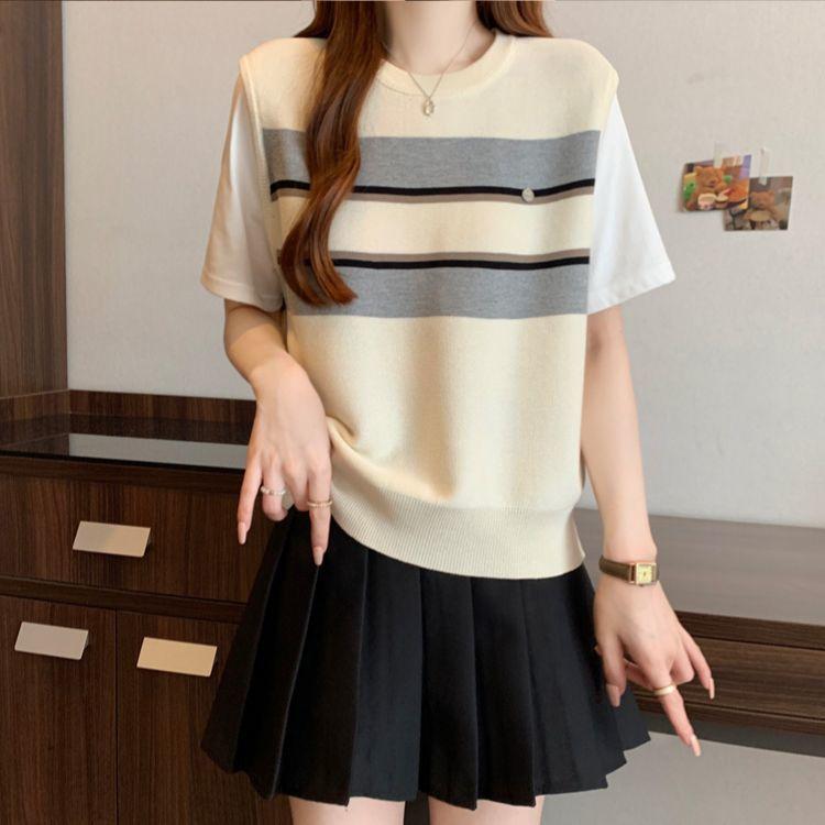 Summer Fashion Casual Versatile Short Sleeved Patchwork Round Neck Fake Two-piece Knitted T-shirt for Outerwear
