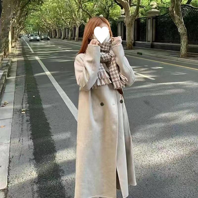 Double-sided Fleece Woolen Coat for Women, Mid-length Thickened, Hepburn Style Woolen Coat for Short People in Autumn and Winter