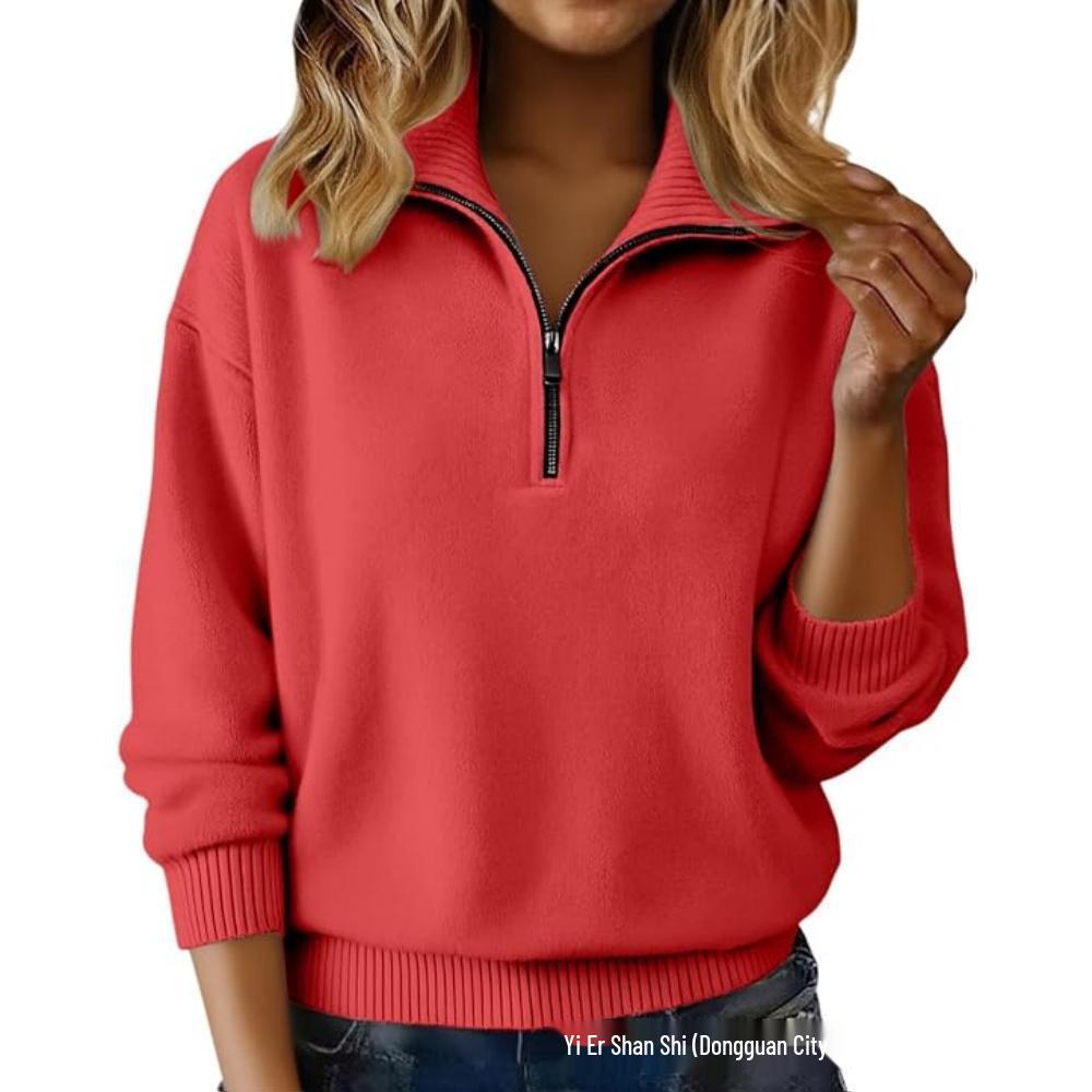 Pull en tricot pour femme 2026 à fermeture éclair et col revers - Coupe ample à manches longues pour un style décontracté
