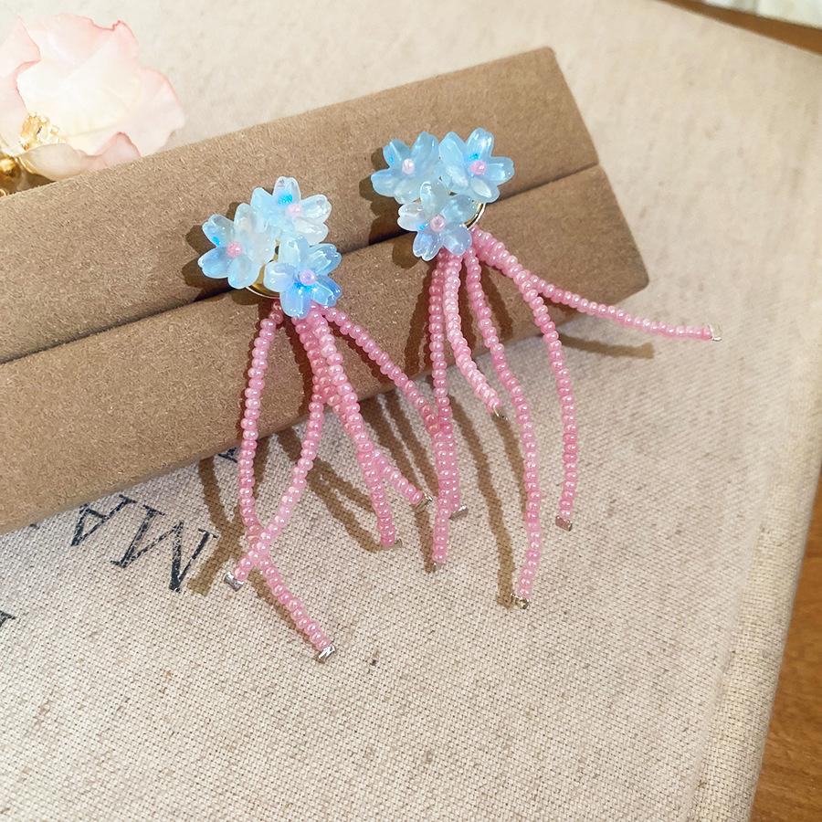 

Fantasy Double Color Resin Glass Beads Flowers Long Tassel Drop Earrings for Women Girls Handmade Holiday Wedding Jewelry