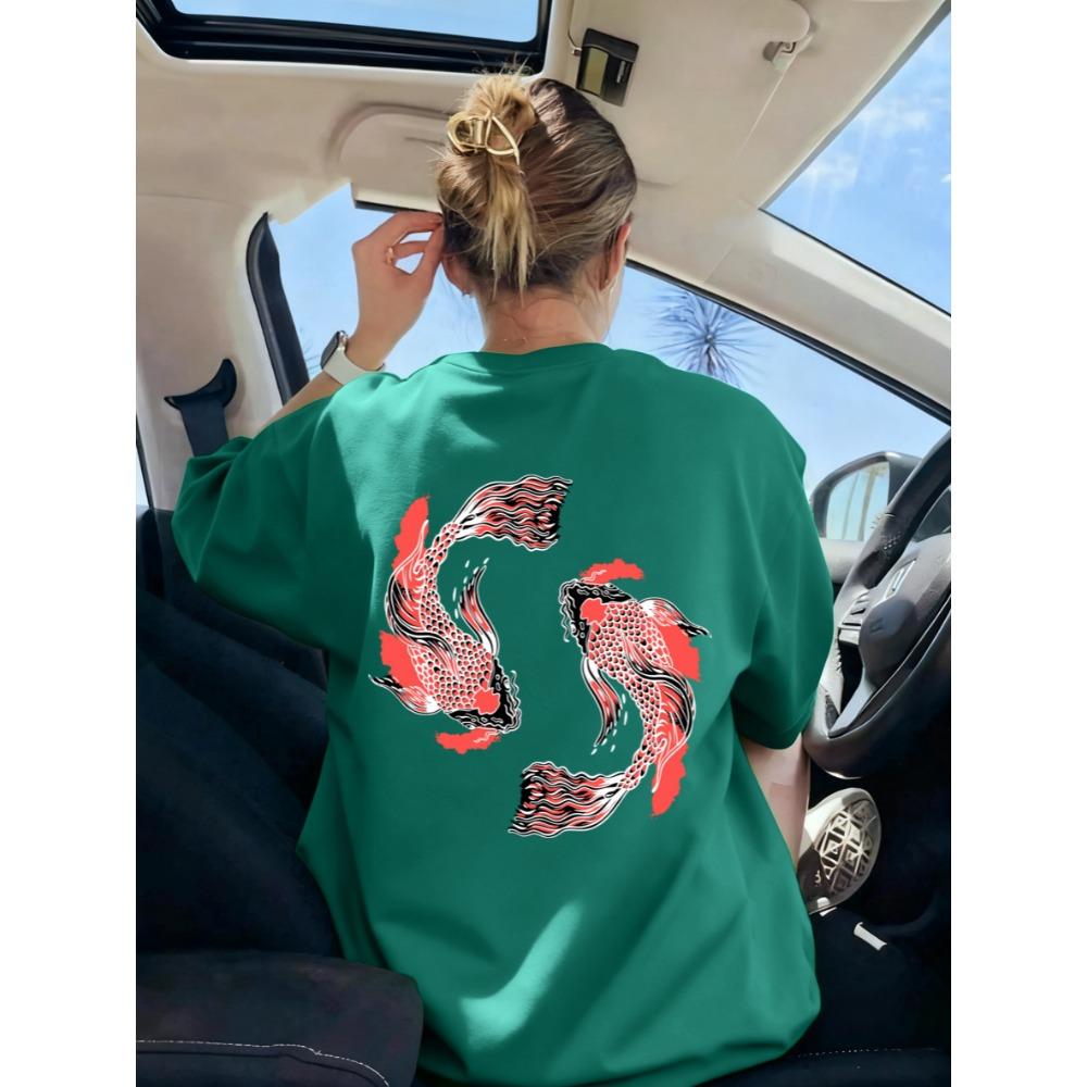 Japanese Harajuku Soaring Koi Print T-Shirt Womens Sport Breathable Short Sleeve Casual O-Neck Streetwear Summer Top