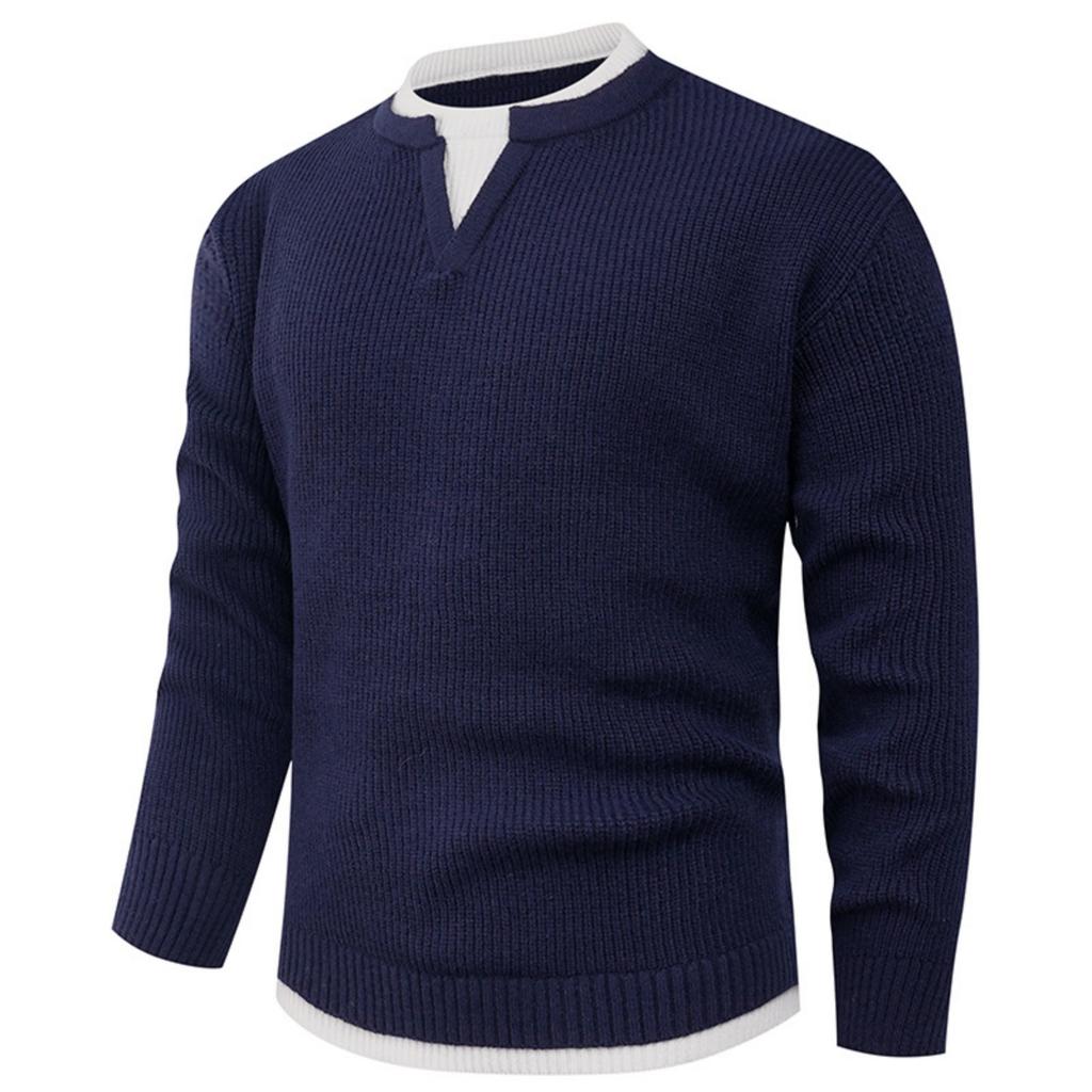 Men's Casual Solid Color Fake Two-piece Knitted Sweater, Men's Long-sleeved Pullover, Loose Inner V-neck Over Round-neck Sweater