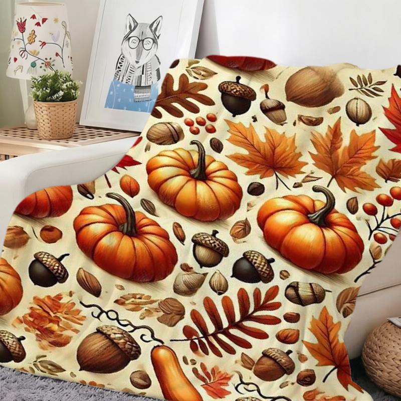 Harvest Pumpkin Acorn Nut Fall Throw Blanket Guest Suite Porch Warm Blanket Sunroom Nook Living Room Lounge Bedroom Den Gifts