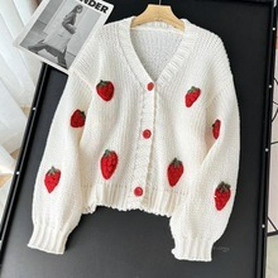 Versatile V-neck 3D Strawberry Knit Cardigan - Sweet, Fashionable, and Gentle Sweater