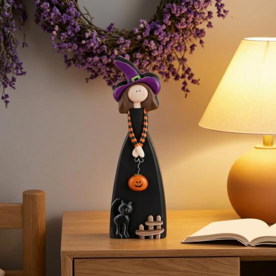 Unique Witch Collectible Figures Halloween Table Decoration, Cute Wooden Centerpiece, Farmhouse Autumn Ghost Pumpkin Black Cat Statues Ornament