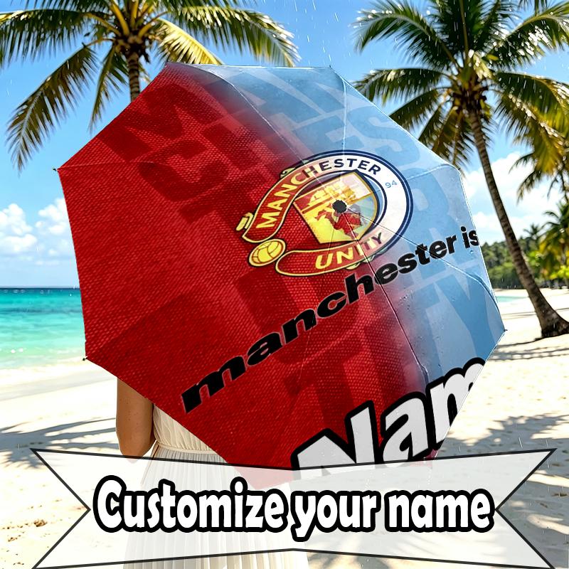 Custom Name Personalized Manchester City FC Print Umbrella, Auto Open Close, 8‑Rib Sturdy Frame, Commute Camping Hiking Use, Birthday Gift