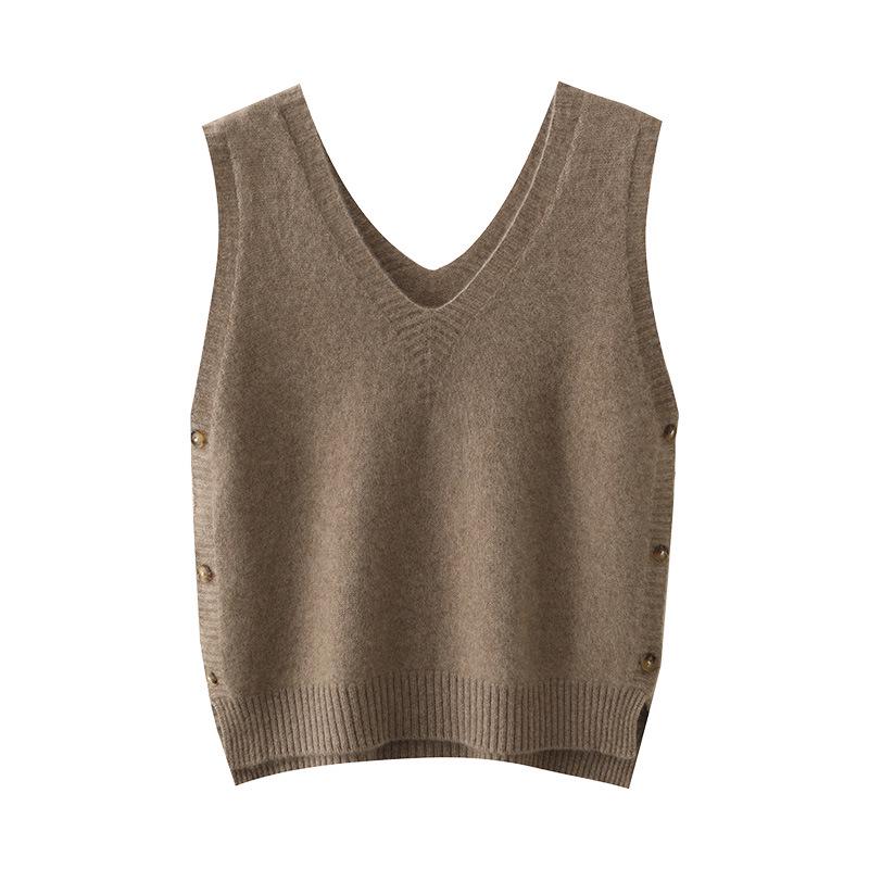 Kašmírová pletená vesta s výstřihem do V: Volný střih, Bez rukávů, Jednoduchý pulovr
