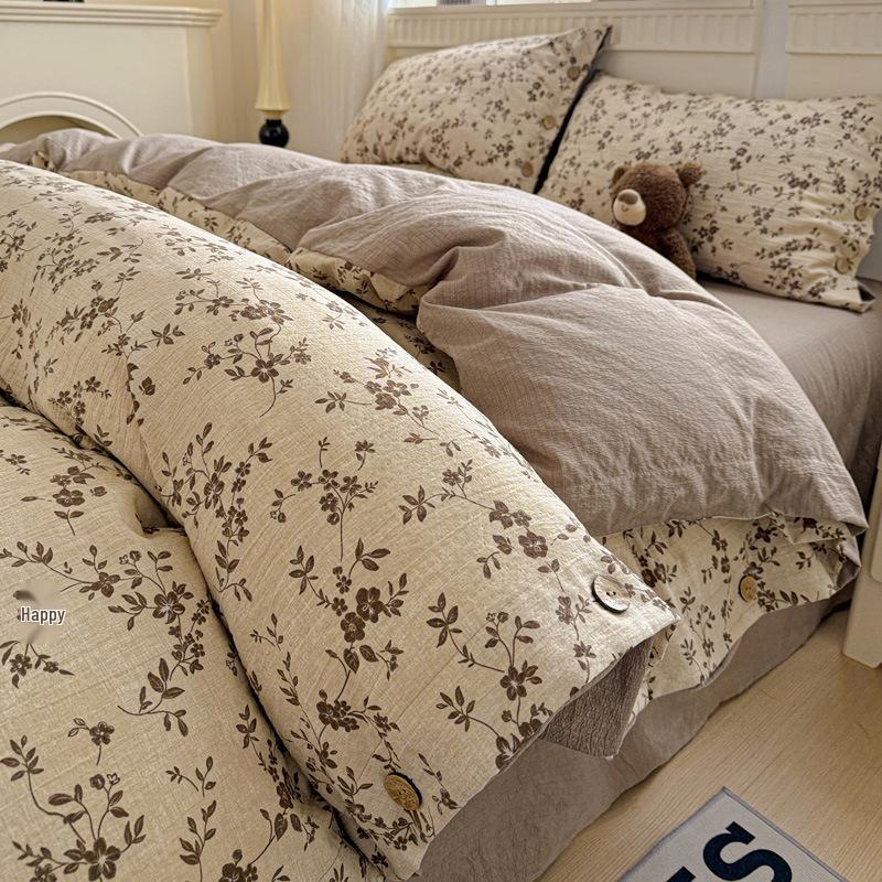 Retro Floral Linen Bedding Set: Autumn & Winter 4-Piece with Button Duvet Cover & Sheet