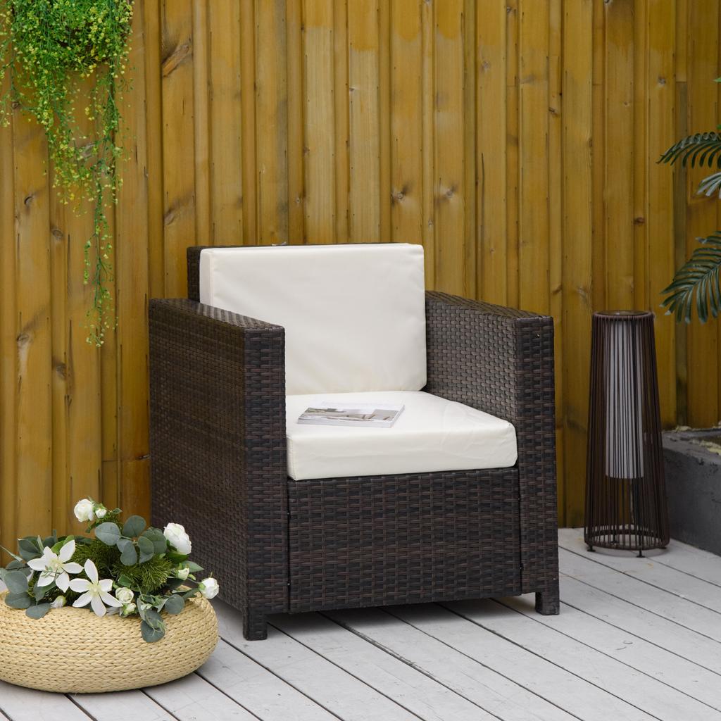 Single Seater Rattan Chair, PE Wicker Garden Armchair with 10 cm Thickened Cushion, All-Weather Rattan Garden Chair with Armrests, Brown