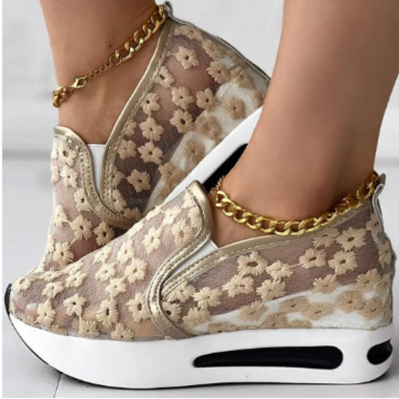 Women's Sneakers Floral Embroidery Mesh Sneakers for Women Slip on Casual Comfy Heeled Shoes Woman