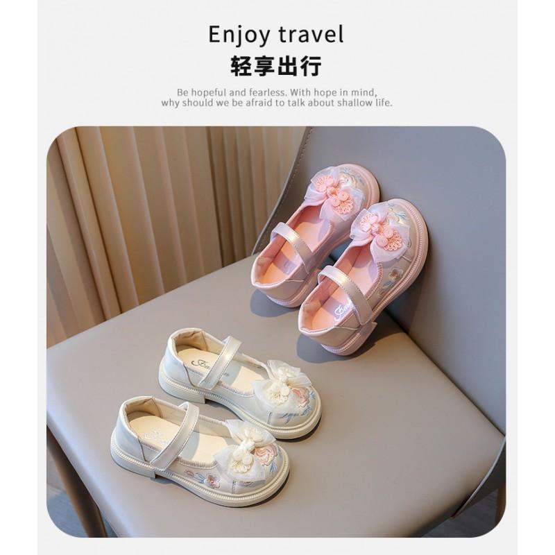 Girls Traditional Chinese Style Embroidered Flat Shoes With Bowknot Hanfu Costume Princess Dress-Up Footwear