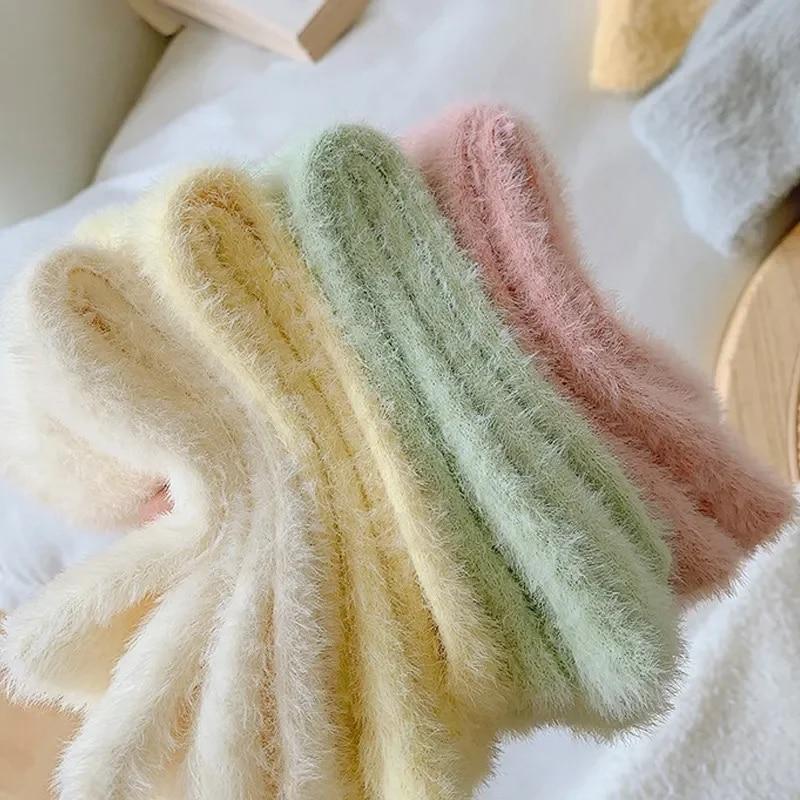 Super Soft Socks Mink Fleece for Women Ins Solid Winter Warm Thicken Coral Plush Socks Thermal Snow Home Sleep Floor Kawaii Sock