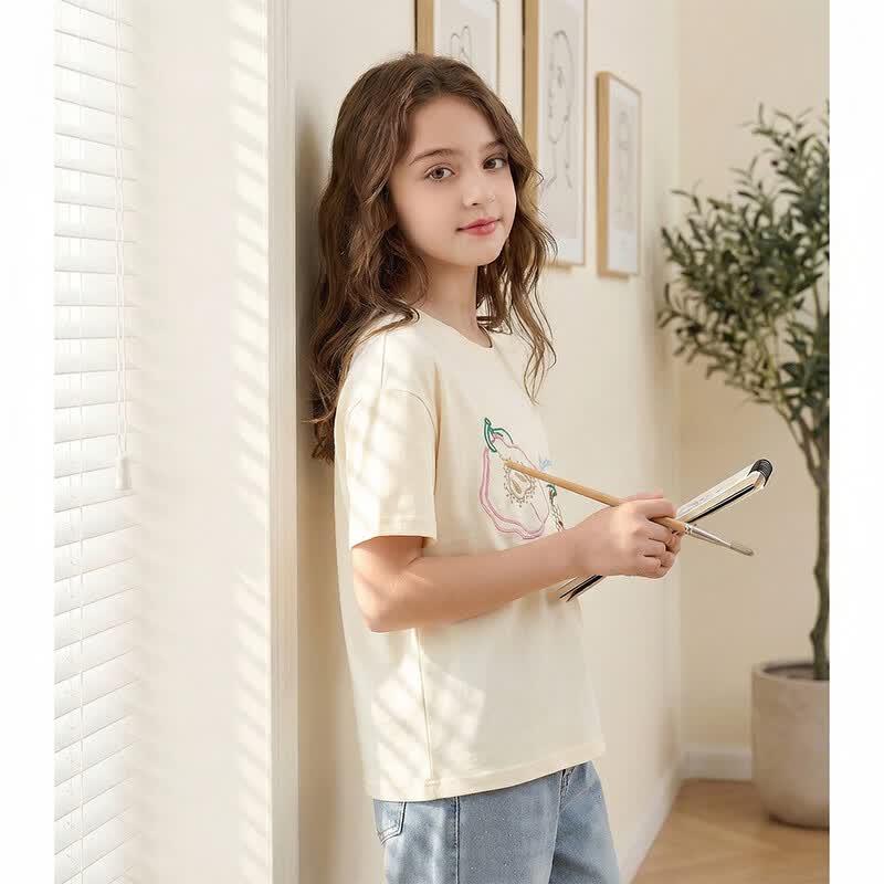 Montagut Girls' Summer Cotton Fruit Embroidery T-Shirt