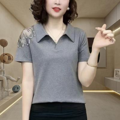 Women Tops Lapel Short Sleeve Solid Color Loose Fit T-Shirt Hollow Lace Splicing Summer Pullover Tops Daily Wear