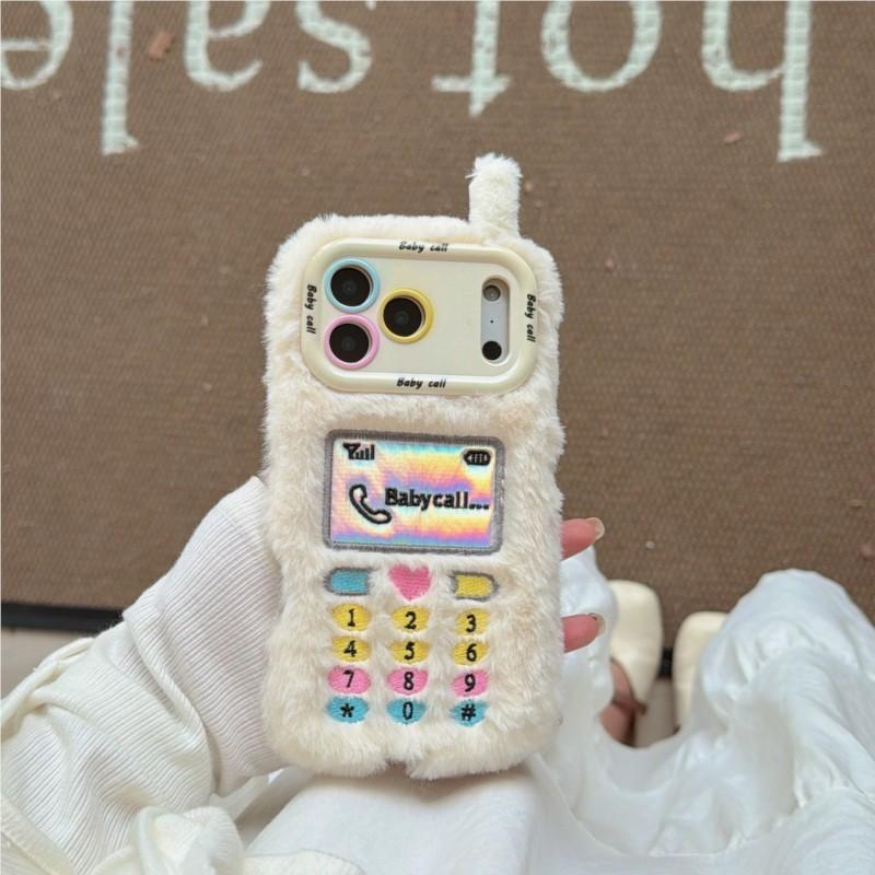 Cute Plush Phone Case for iPhone 11 12 13 14 15 16 17 Pro Max Plus Retro Game Console Design with Camera Stand Soft Fuzzy Cover