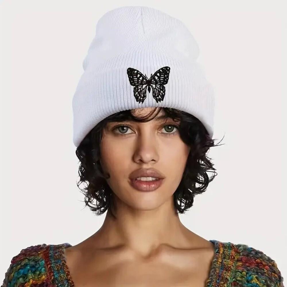 Embroidered Butterfly Knitted Pullover Hat Windproof Ski Bonnets Hat Winter Warm Skullcap