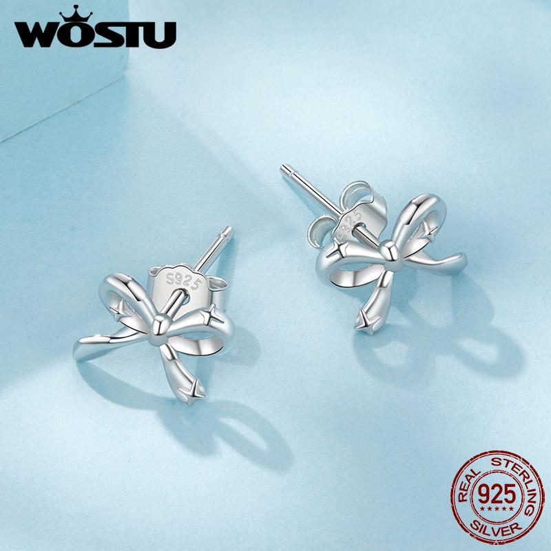 WOSTU 925 Sterling Shiny Zircon Bowknot Stud Earrings For Women Simple Bow-knot Ear Buckle Euro Korean Student Girl Party Gift