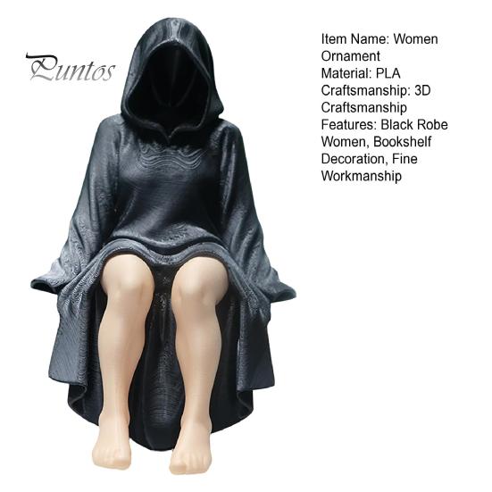 Black Robe Women Shelf Sitter 3D Printed Figurine, Sitting Hooded Female Desk Ornament Sitter, Gothic Statue for Home Office Bookshelf Decoration