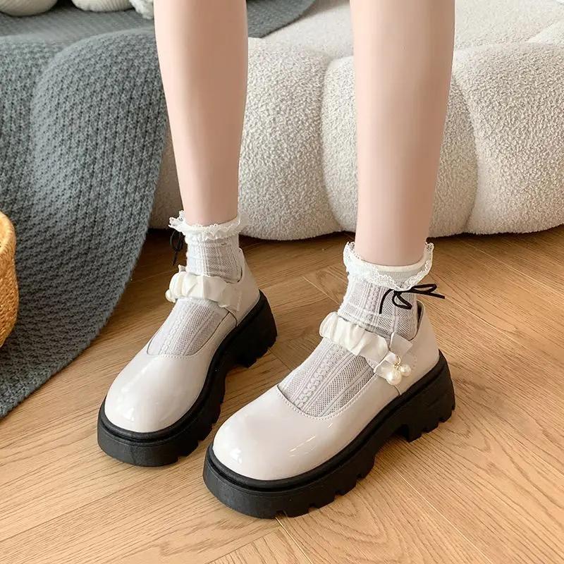 Plattform Japansk Stil Lolita Gotiska Skor för Kvinnor Pärla Kawaii med Mellanhöga Klackar Loafers Rund Tå Mary Jane Dam Pumps 39