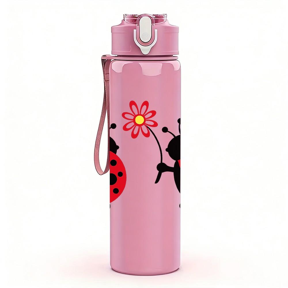 1PC Red Black Ladybug Insect Pair Print 750ml Color Plastic Sports Water Bottle Leakproof Flip Straw Lid Suitable for Sports Office Home Use