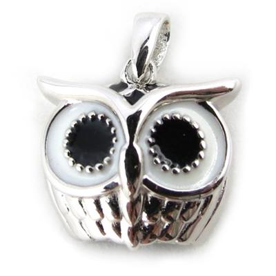 [N0335] - Silver Pendant 'Owl' Black White Silver