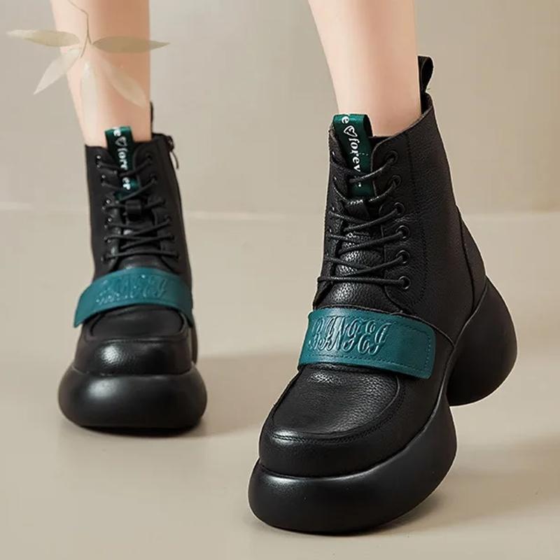 

Осень-зима 2023, новые полусапоги из натуральной кожи в стиле ретро, ​​женские универсальные туфли на толстой подошве на плоской платформе со шнуровкой