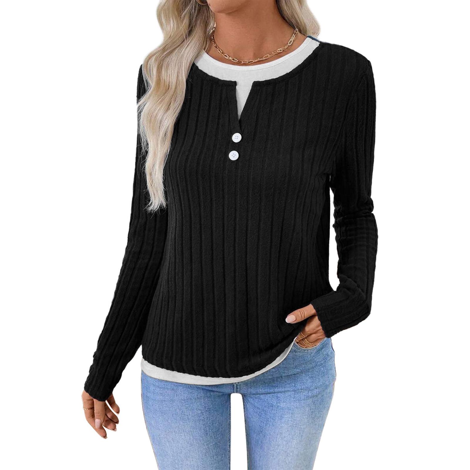 

Women s Fashionable Solid Color Long Sleeved Round Neck Fake Two-piece Casual Pullover T-shirt Top XL