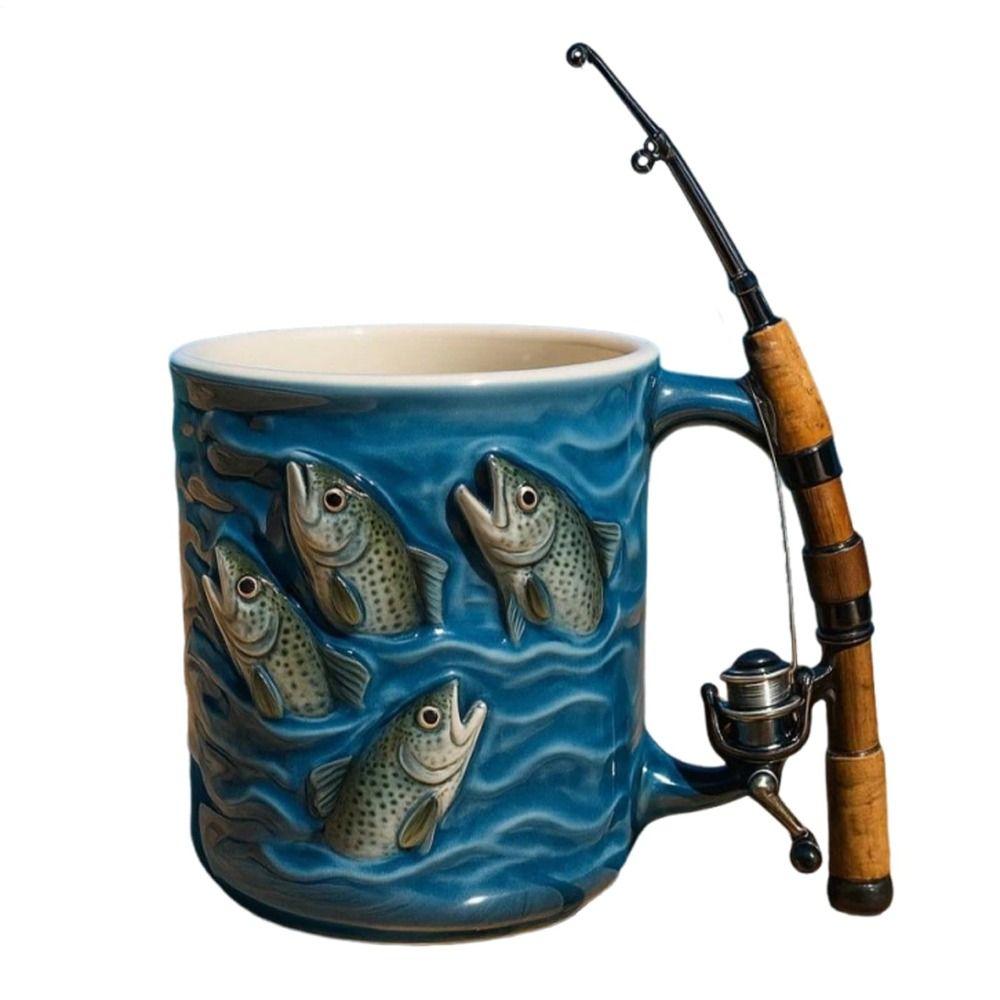 Rod & Reel Design Fishing Coffee Mug Grip Handle Fishing Theme Cup Funny Fishing Mug  Water Cup