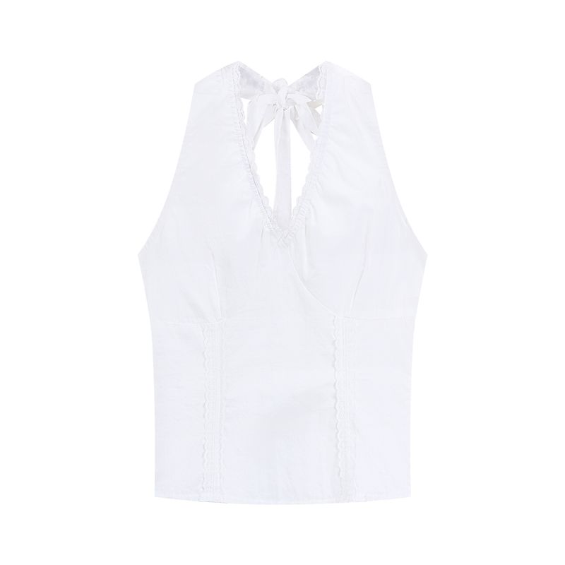 

Кружевной топ с V-образным вырезом, без рукавов, на бретелях-халтер, женская одежда, летний, юбка с цветочным принтом, комплект из двух предметов White halterneck vest L