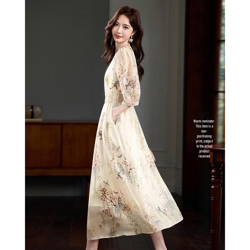 Demana Chinese Style Embroidered Chiffon Puff Sleeve Dress L