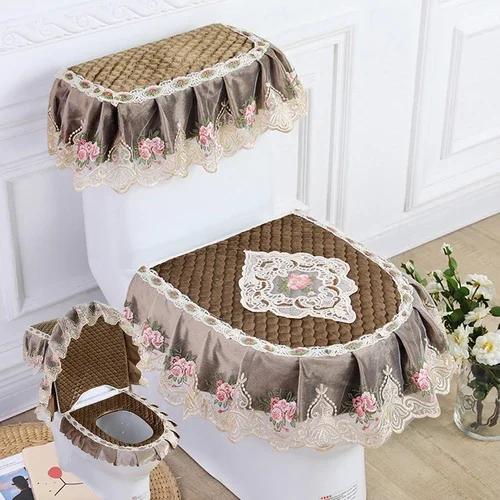 Μαξιλάρι τουαλέτας με δαντέλα Four Seasons Σετ καθίσματος τουαλέτας με εκτύπωση φανέλας τριών τεμαχίων με φερμουάρ σε σχήμα U Beauty κάλυμμα για τη σκόνη τουαλέτας