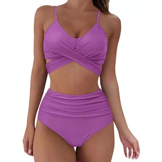 2Pcs/Set Printing Swimsuit Sexy Wire Free Front Cross Bikini Set for
