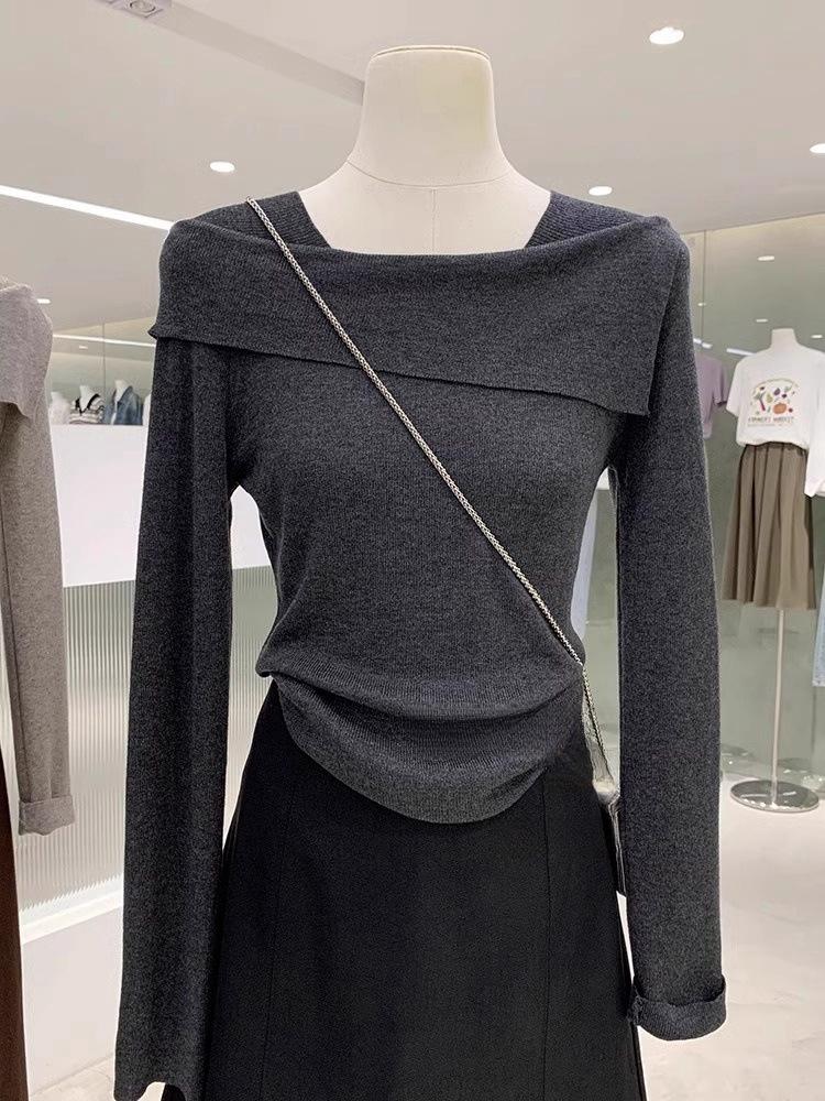 Irregular one-word collar off-shoulder top women's spring soft waxy knitted sweater temperament slim-fitting bottoming shirt