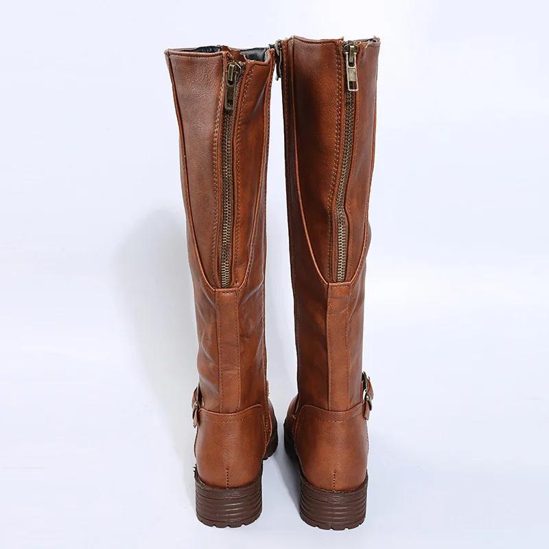 Women's Thick-soled Boots Low-heeled Round-toed Shoes New Zipper Brown Knight High Boots Retro Pu Leather Cosplay Boots New 2026