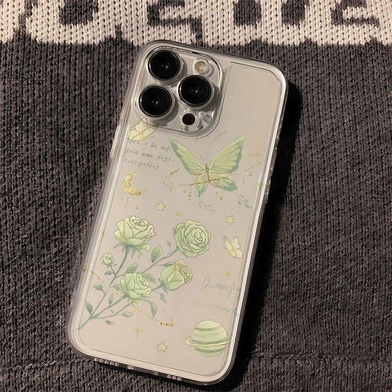 

Light Green Butterfly Moon Rose Couple Phone Case For iPhone 17 Pro Max 16 15 14 13 12 11 Mini XS X XR 15 16 Plus 17 Air Cover iPhone 12 mini