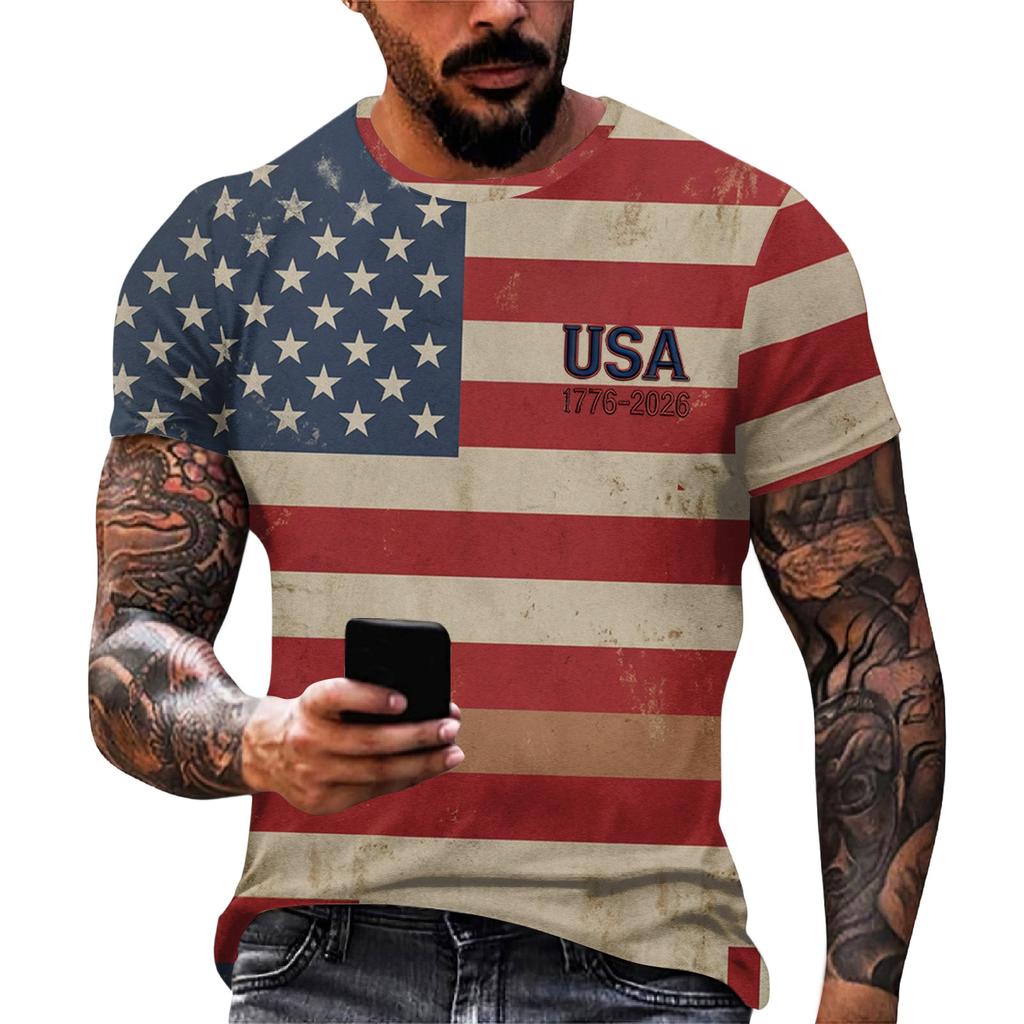 Men's Loose And Casual Flag-print T-shirt, Short Sleeve Shirt