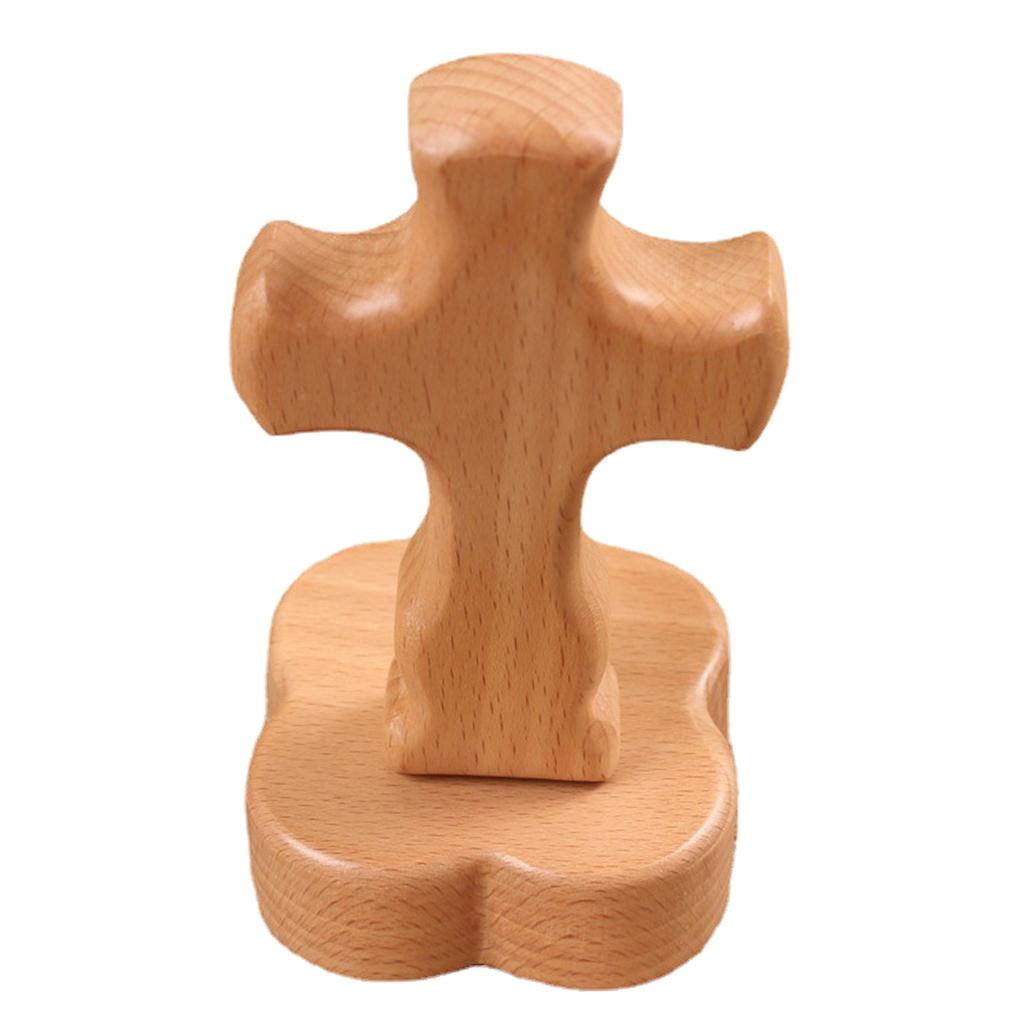 Wood Cross Ornament with Bottom Holder Decorative Figurine Decoration for School Office Bedroom Tabletop Decoration