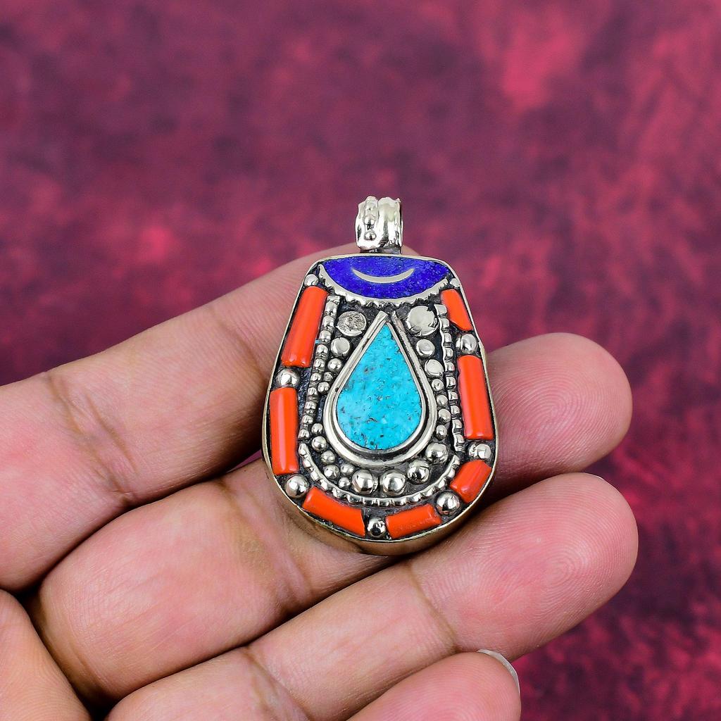 Turquoise, Coral , Lapis Lazuli Pendant Handmade Gemstone Jewelry, 925 Solid Sterling Silver Pendant ,Unique Design Jewelry Pendant