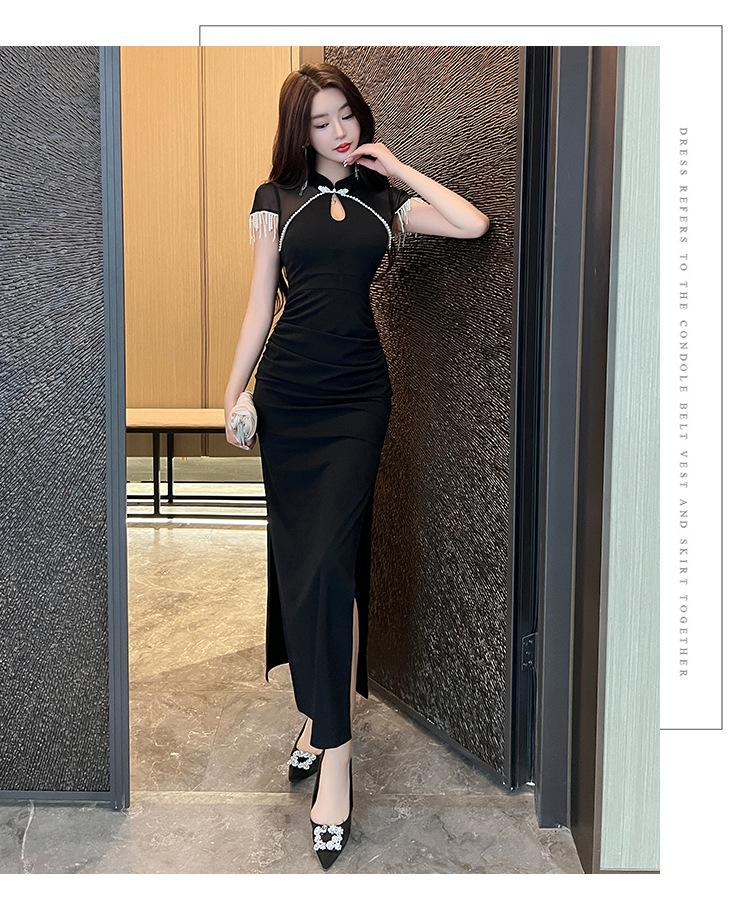 Evening dress women s new high-end modified cheongsam dress hip-wrapped split sexy tight dress summer S чёрный