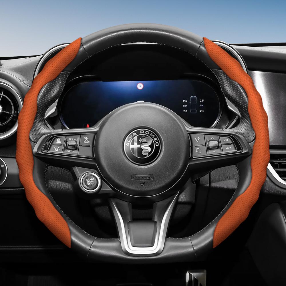 Steering Wheel Cover Suitable for Alfa Romeo, Wave-Shaped Sporty Design, Breathable Leather, Segmented, Non-Slip, Sweat-Absorbent, Giulia 952, Stel