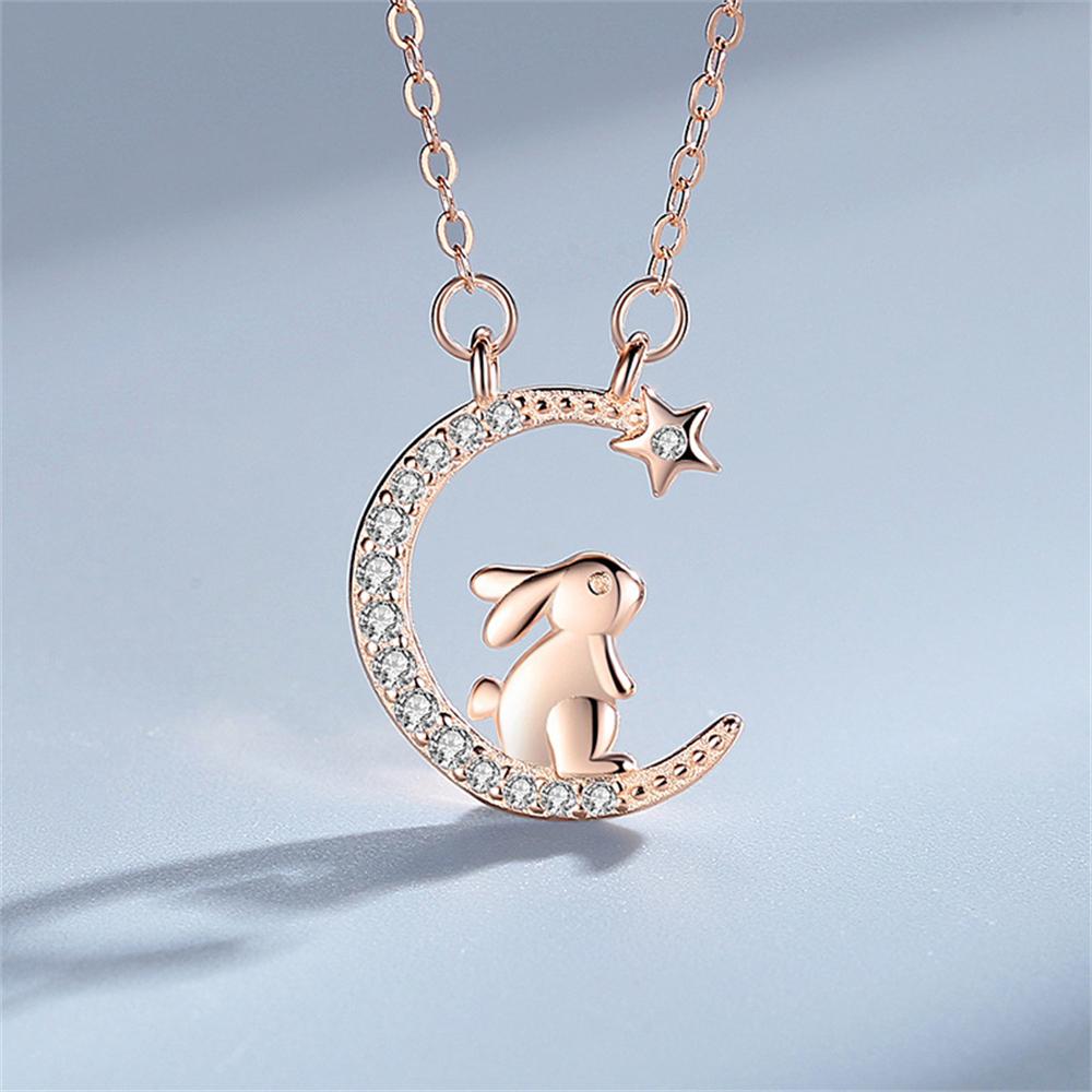 Korean -Style Cute Rabbit Picking Stars Crystal Pendant Necklace Girl Jewelry Star -Moon Clavicle Chain Exquisite Birthday Gifts