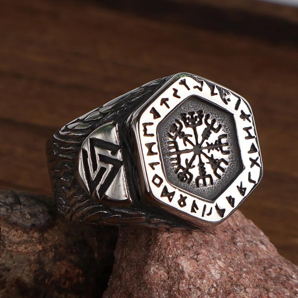 Vintage Wikinger Vegvisir Kompass Ringe für Herren Edelstahl Nordisch Odin Rabe Amulett Runenring Biker Schmuck