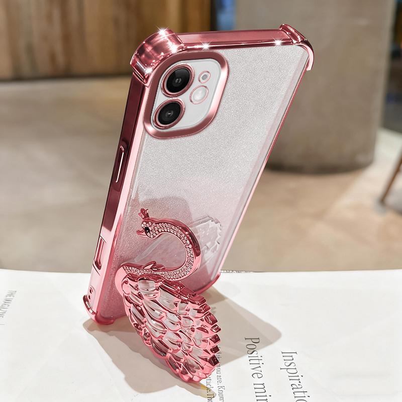 KEYSION Shockproof Plating Phone Case for iPhone 11 12 Pro Max Clear TPU Glitter Jewelled Swan kickstand Back Cover for iPhone 11