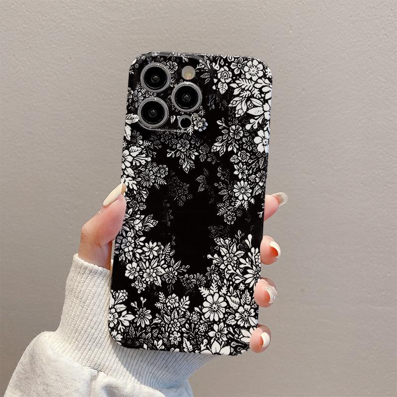 Black Floral iPhone Case: Full Coverage for iPhone 13 Pro Max, iPhone 14, and 15 with Glass Protection