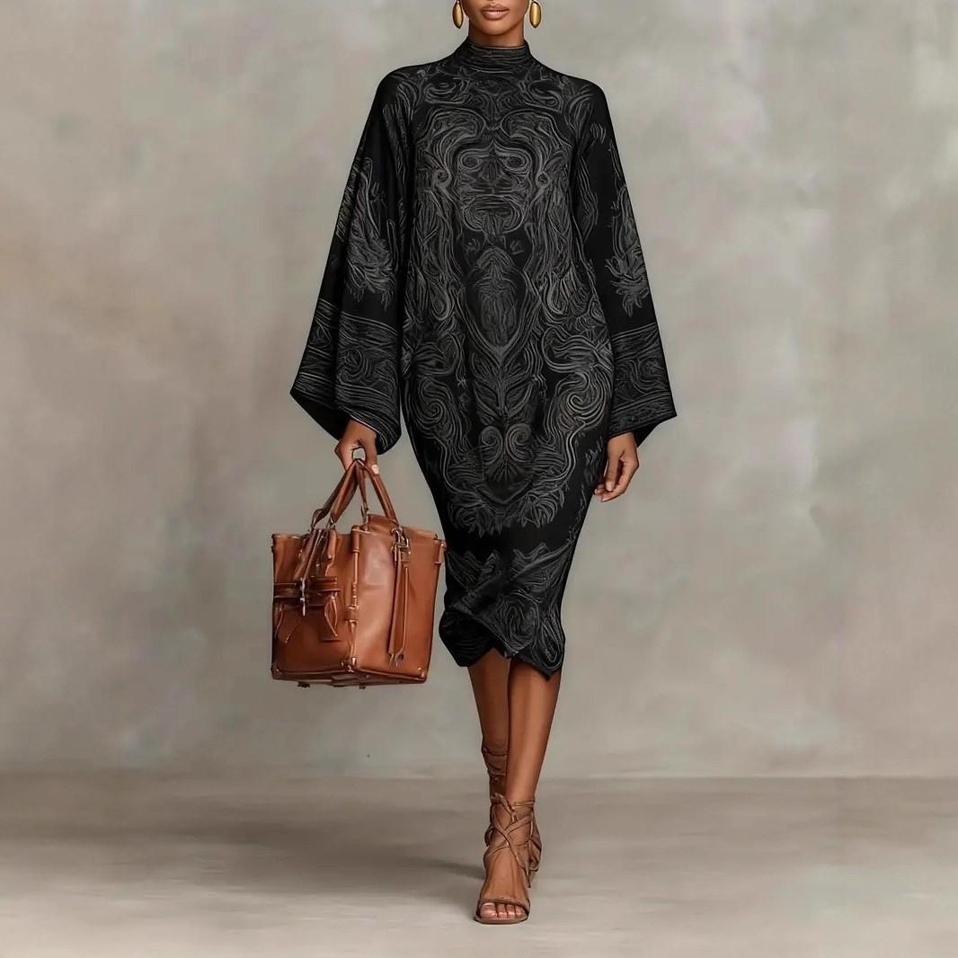 Women s Round Neck Long Sleeve A-Line Midi Dress Slim Fit Elegant Commuter Satin Printed Dress S
