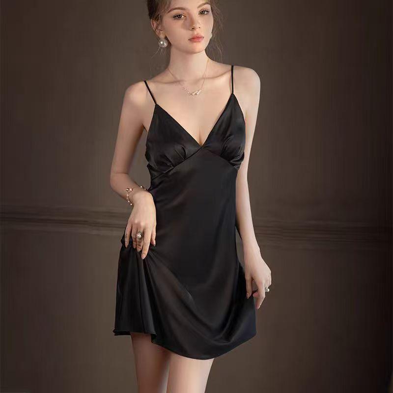 Women's Satin Chiffon Silk Nightgown with Adjustable Straps and Chest Pad